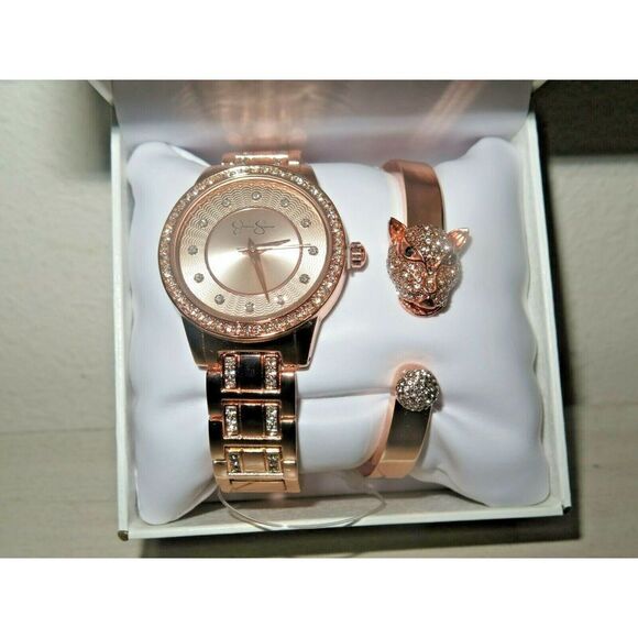 Jessica Simpson JSB8002RG Rose Gold Watch w/ Panther/Tiger Bracelet Crystal Pave - Picture 2 of 12